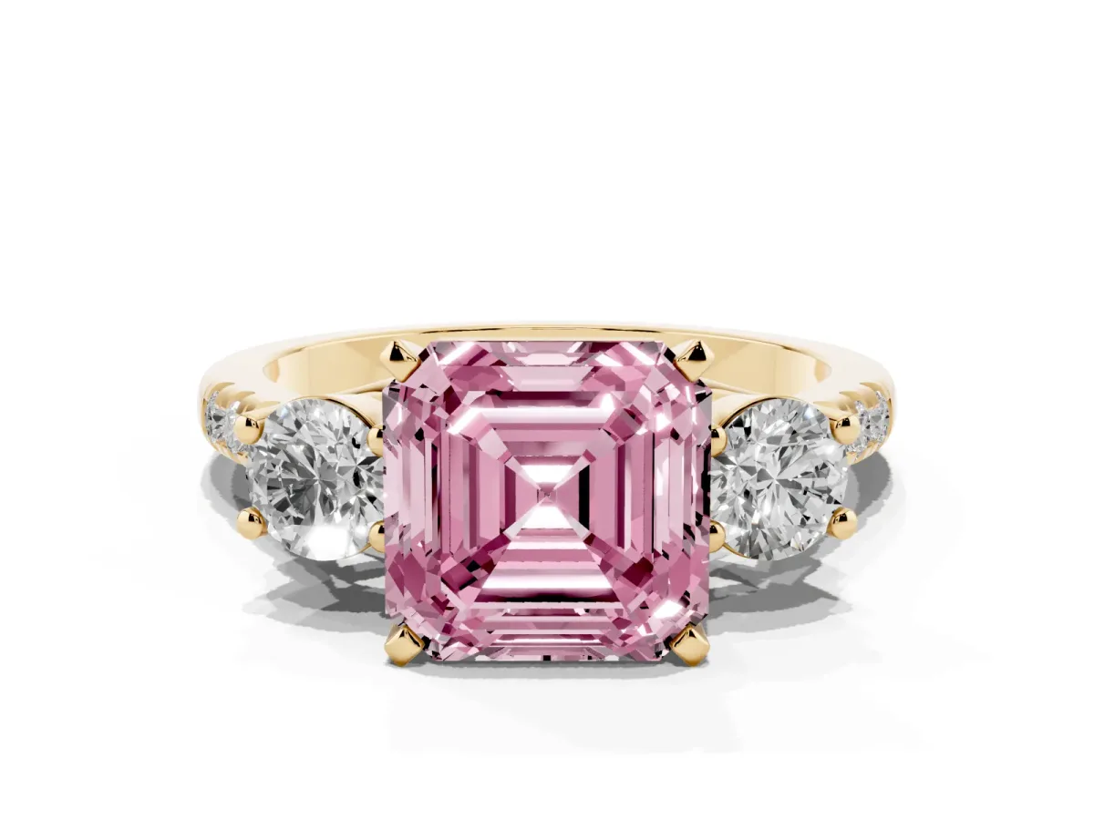 Fancy Pink Three-Stone Asscher Cut Diamond Pavé Band with Four-Prong Setting Yellow gold