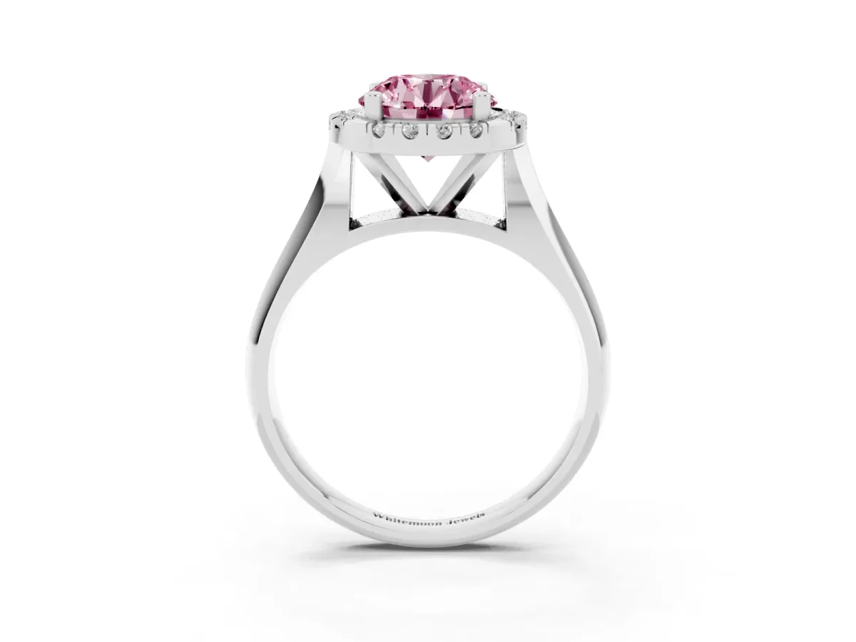 Fancy Pink Round Cut Cut Halo Solitaire Engagement Ring with Square Band and Four-Prong Setting Silver
