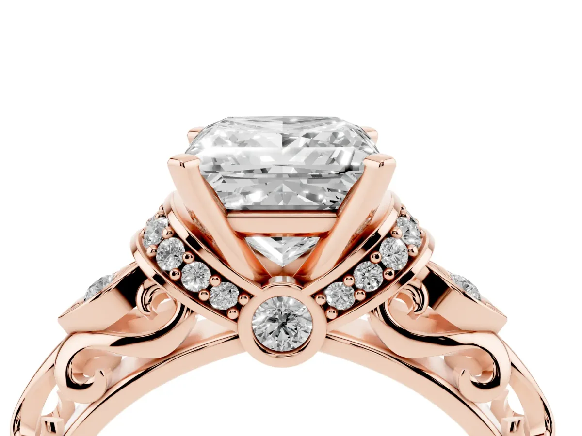 Princess Cut Diamond Solitaire Ring with Filigree Band and Four-Prong Setting Rose gold