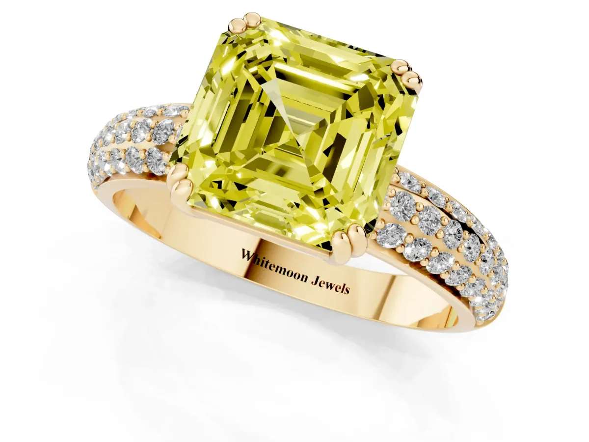 Fancy Yellow Asscher Cut Diamond Solitaire Ring with Multi-Row Round Pavé Band and Prong Setting Yellow gold