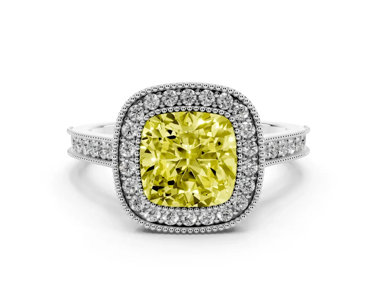 Fancy Yellow Halo Cushion Cut-Cut Diamond Pave Band Milgrain Prong Setting Ring Silver
