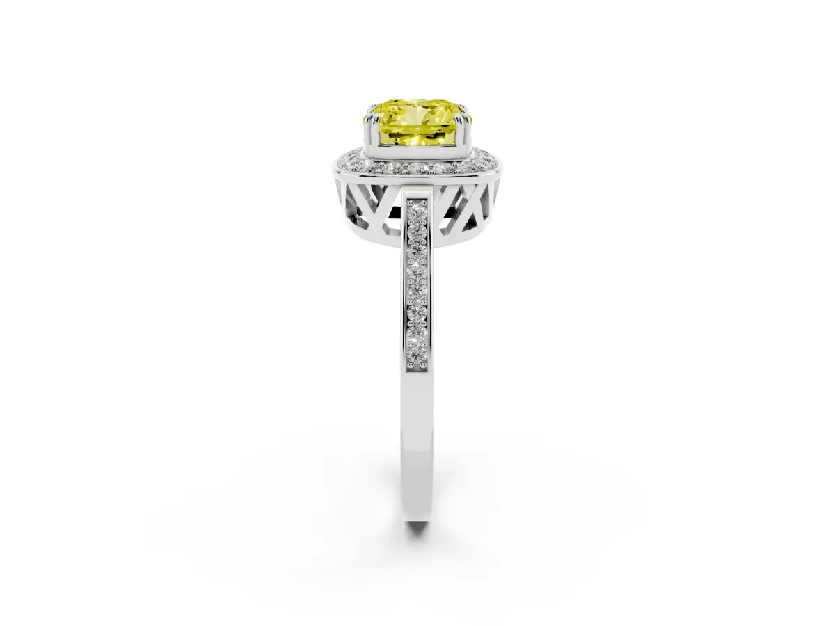 Fancy Yellow Cushion Cut Diamond Halo Ring with Split Shank and Four-Prong Setting Platinum
