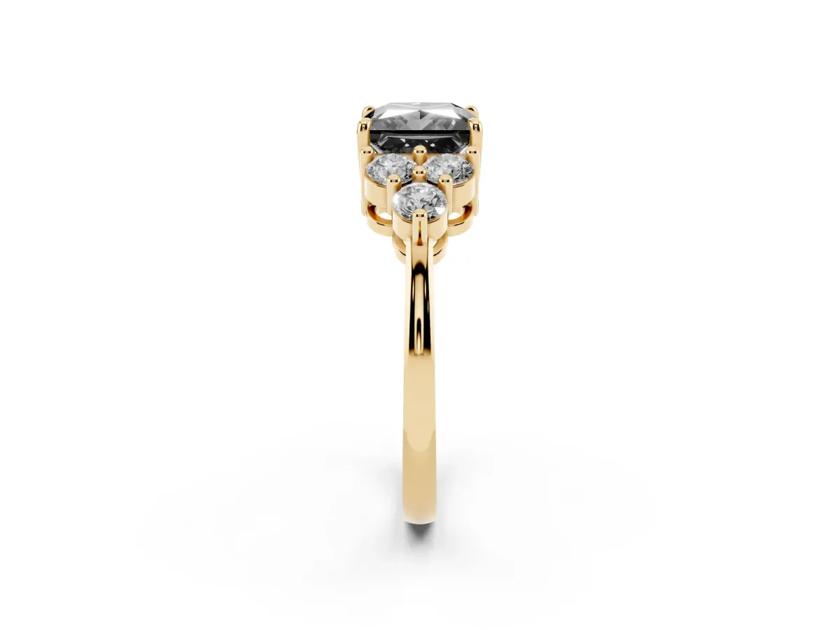 Fancy Black Princess Cut Brilliant Diamond Cluster Accent Solitaire Ring with Prong Setting Yellow gold