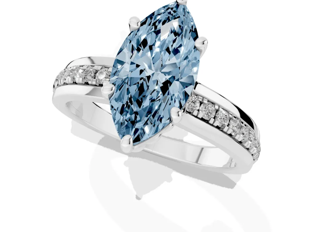 Fancy Blue Marquise Cut Solitaire Diamond Ring with Channel Set Band and Six-Prong Setting White gold