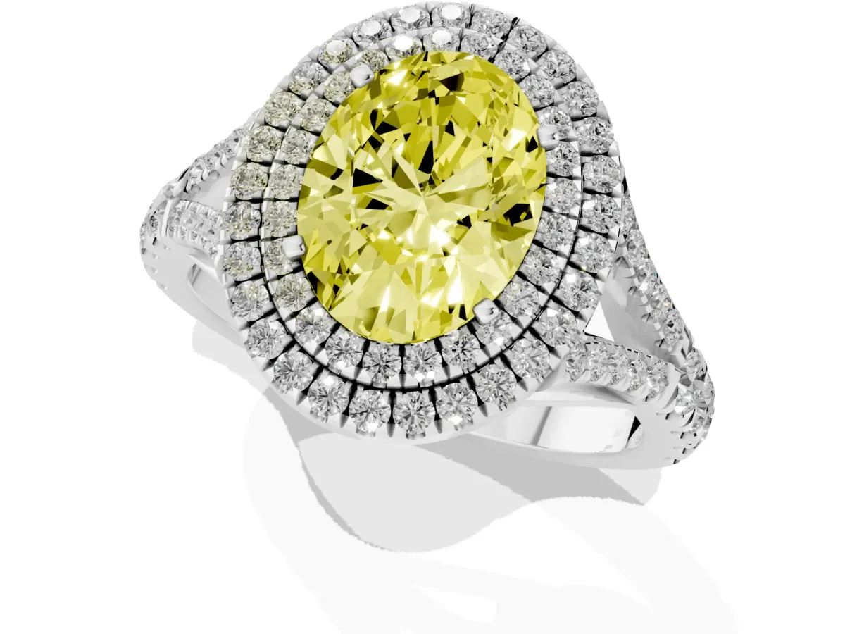 Fancy Yellow Double Halo Oval Cut Diamond Split Shank Engagement Ring with Four-Prong Setting Silver