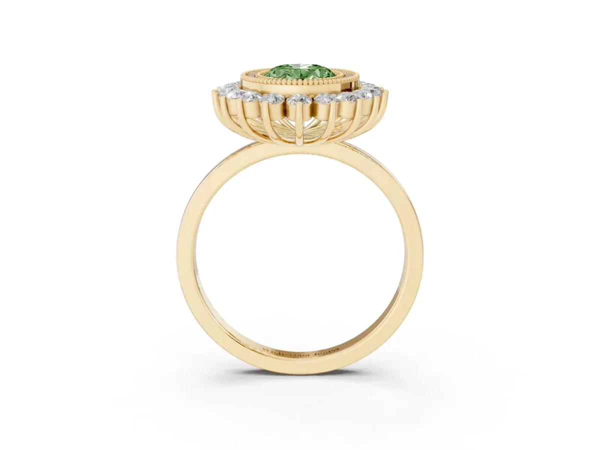 Fancy Green Oval Cut Halo Diamond Ring with Milgrain Edge and Round Prong Setting Yellow gold