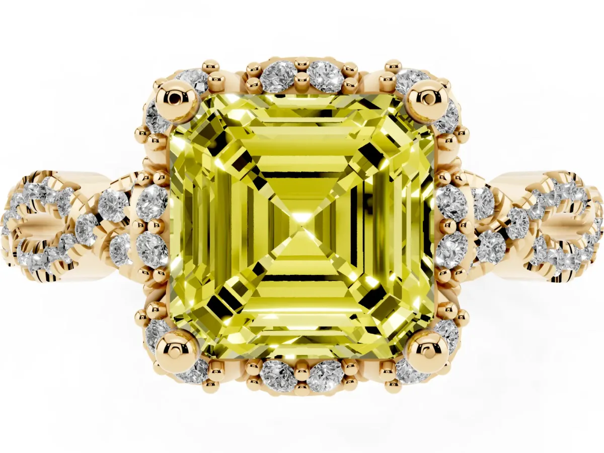 Fancy Yellow Asscher Cut Halo Twist Band Solitaire Ring with Six-Prong Setting Yellow gold