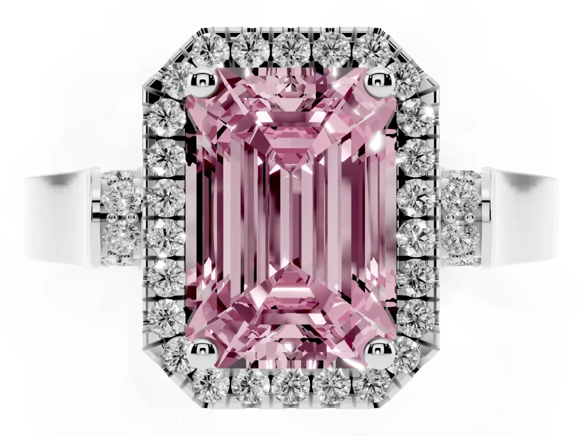 Fancy Pink Emerald Cut Halo Pave Split Shank Prong Setting Ring Silver