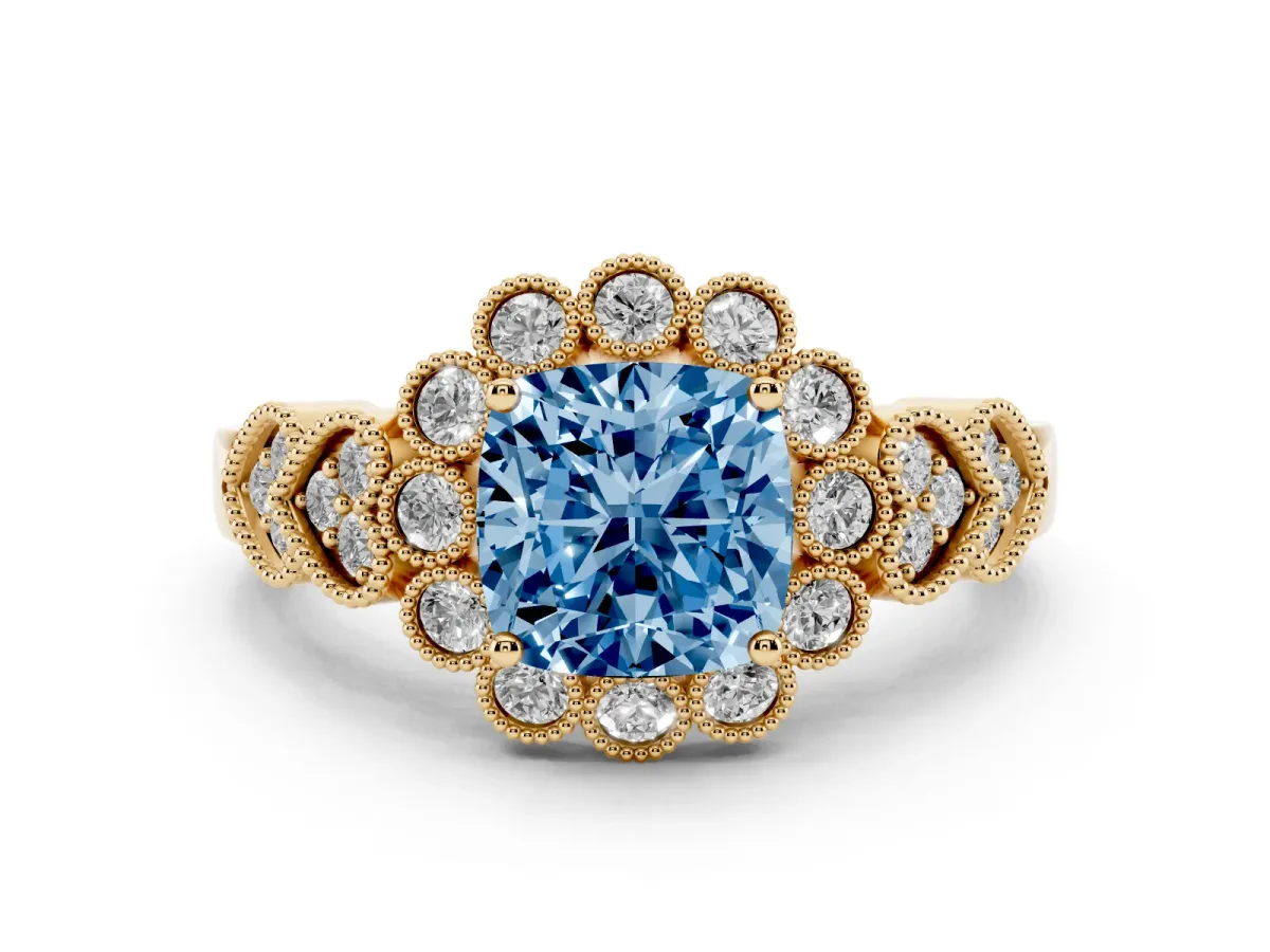 Fancy Blue Cushion Cut Brilliant Milgrain Pave Heart Band Solitaire Ring Yellow gold