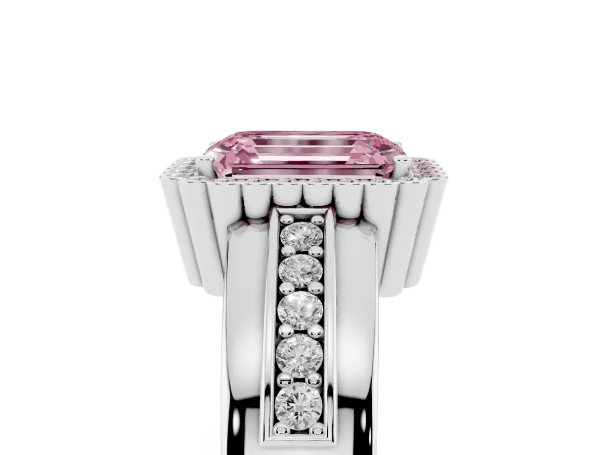 Fancy Pink Emerald Cut Cut Halo Pave Band Four-Prong Ring Silver