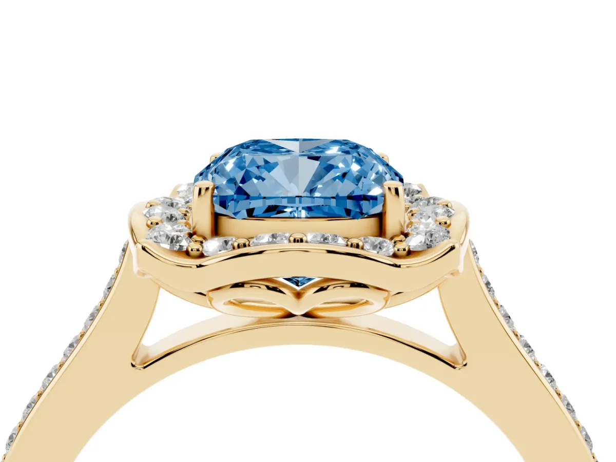 Fancy Blue Cushion Cut Halo Round Diamond Pave Band with Four-Prong Setting Yellow gold