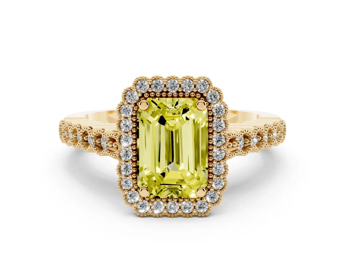 Fancy Yellow Emerald Cut Cut Halo Pavé Solitaire Ring with Milgrain Band Yellow gold