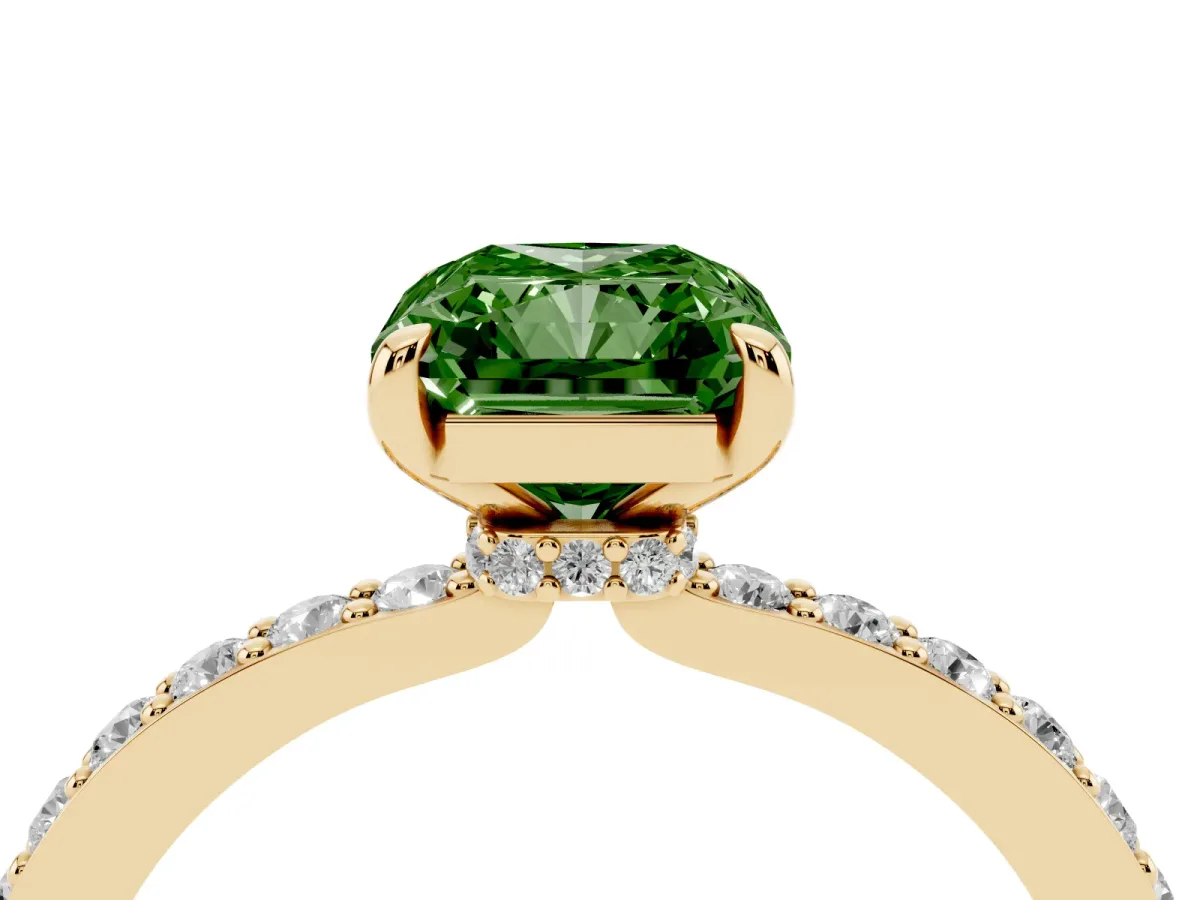 Fancy Green Radiant Cut Diamond Pavé Engagement Ring with Round Accents and Prong Setting Yellow gold