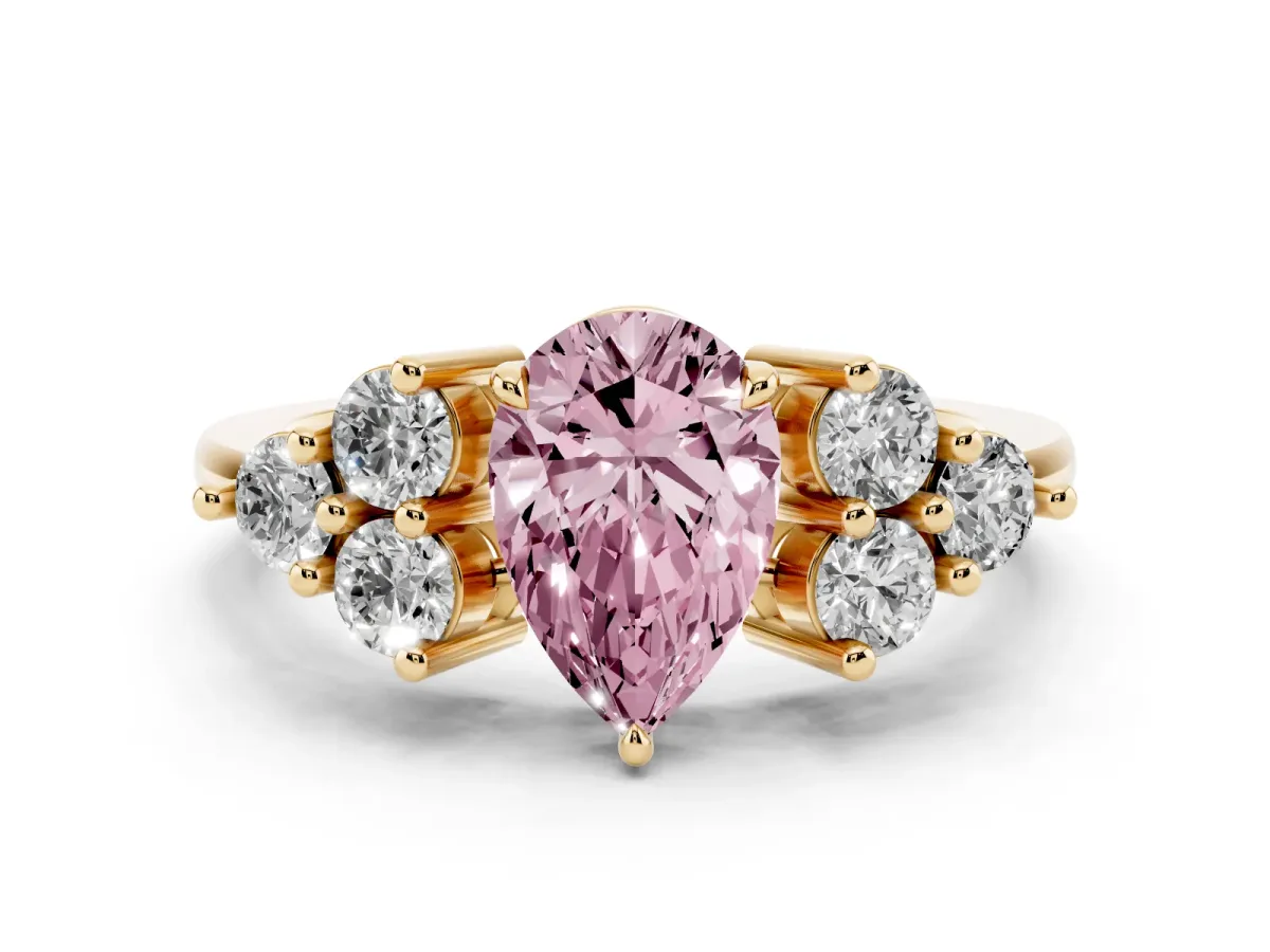 Fancy Pink Pear Cut Brilliant Diamond Cluster Accent Solitaire Ring with Prong Setting Yellow gold
