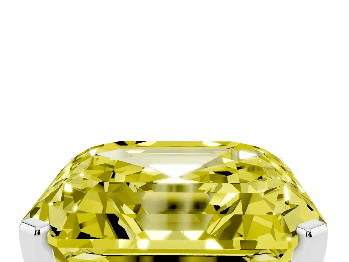 Fancy Yellow Asscher Cut Cut Three-Stone Solitaire Ring with Round Accent Diamonds and Four-Prong Setting Silver