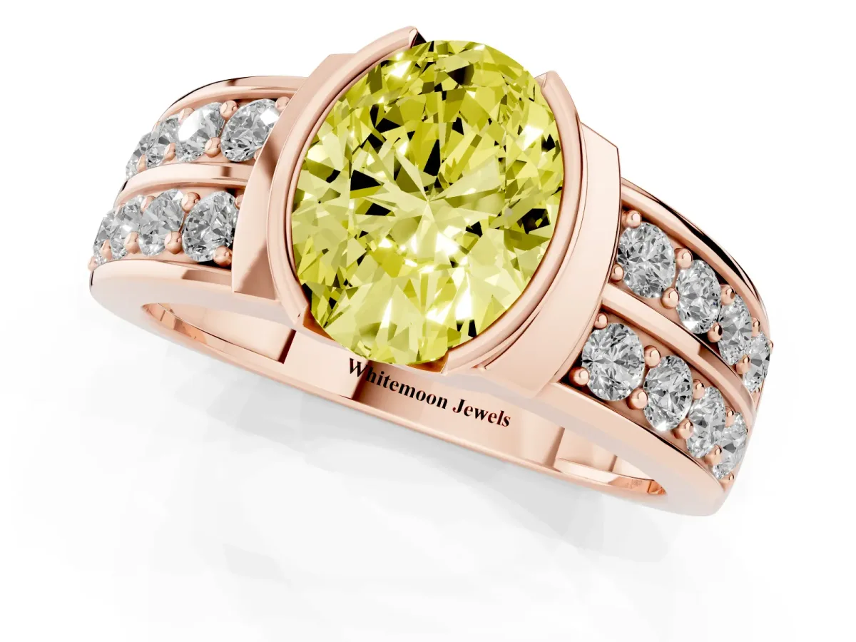 Fancy Yellow Oval Cut Brilliant Diamond Channel Set Wide Band Ring with Bezel Setting Rose gold