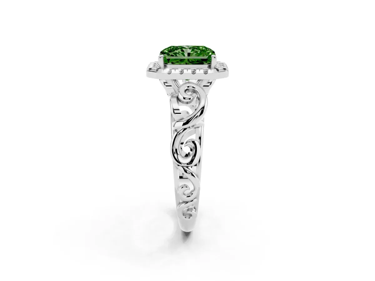Fancy Green Radiant Cut Cut Halo Diamond Ring with Scrollwork Band and Four-Prong Setting Platinum