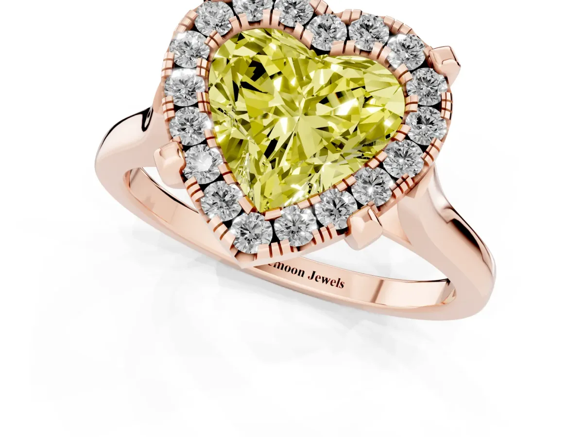 Fancy Yellow Heart Cut Diamond Cluster Halo Solitaire with Four-Prong Setting Rose gold