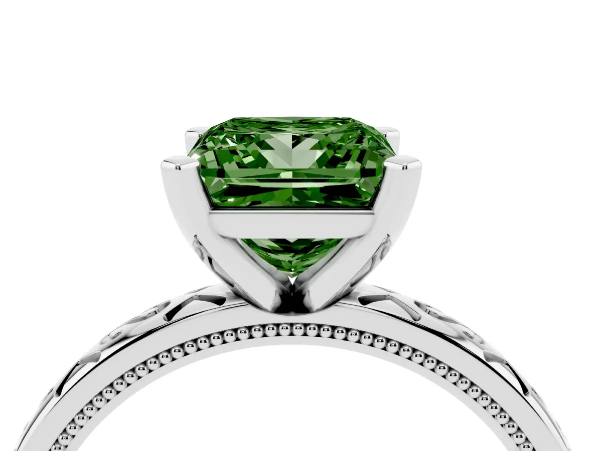 Fancy Green Princess Cut Solitaire Engagement Ring with Scrollwork Band and Four-Prong Setting Silver