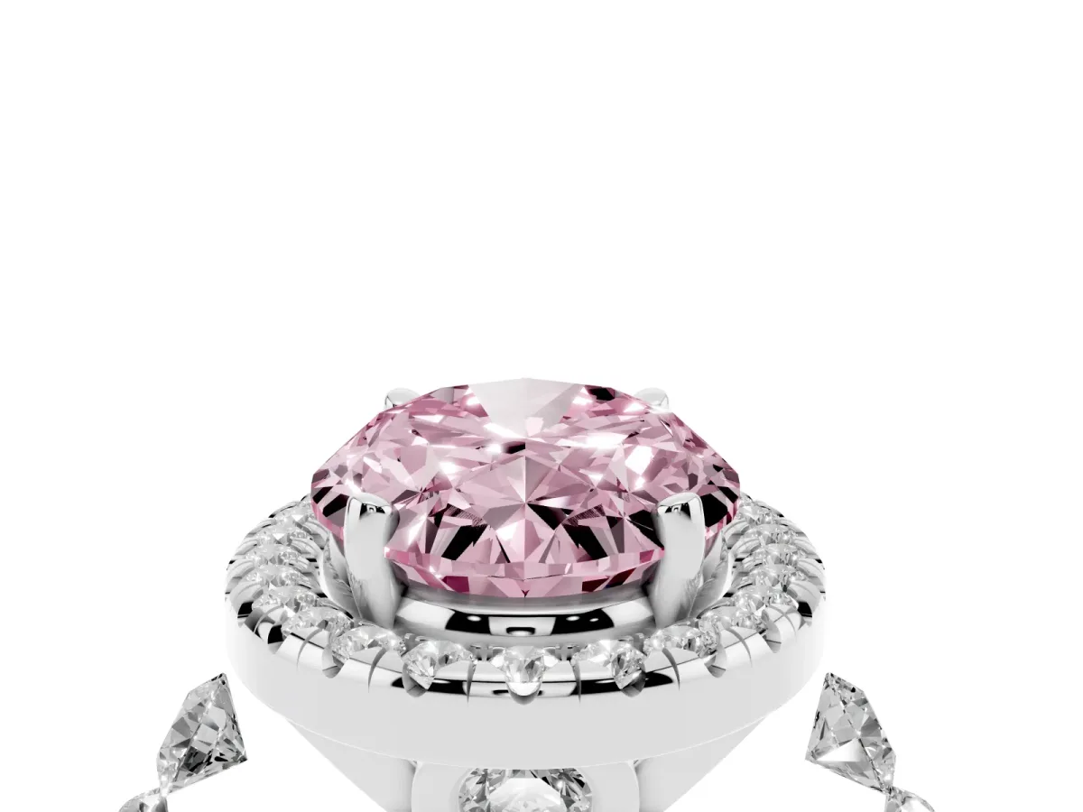 Fancy Pink Oval Cut Halo Pavé Diamond Engagement Ring with Four-Prong Setting Platinum