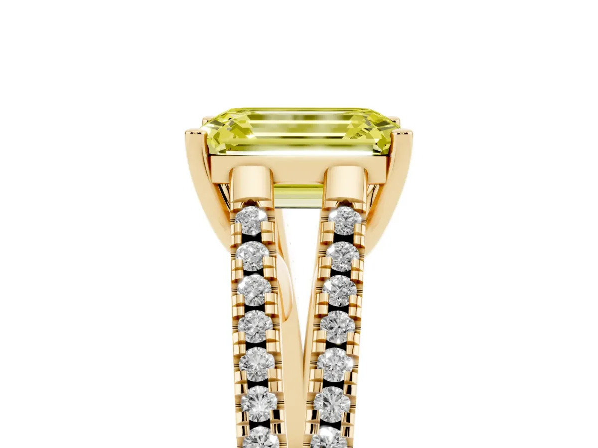 Fancy Yellow Emerald Cut Diamond Solitaire Engagement Ring with Split Shank Pavé Band Yellow gold