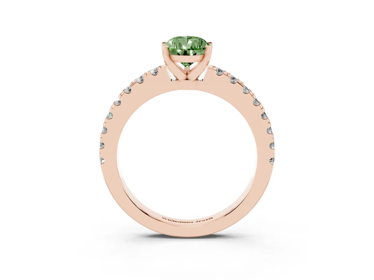 Fancy Green Pear Cut Solitaire Diamond with Pavé Band and Four-Prong Setting Rose gold