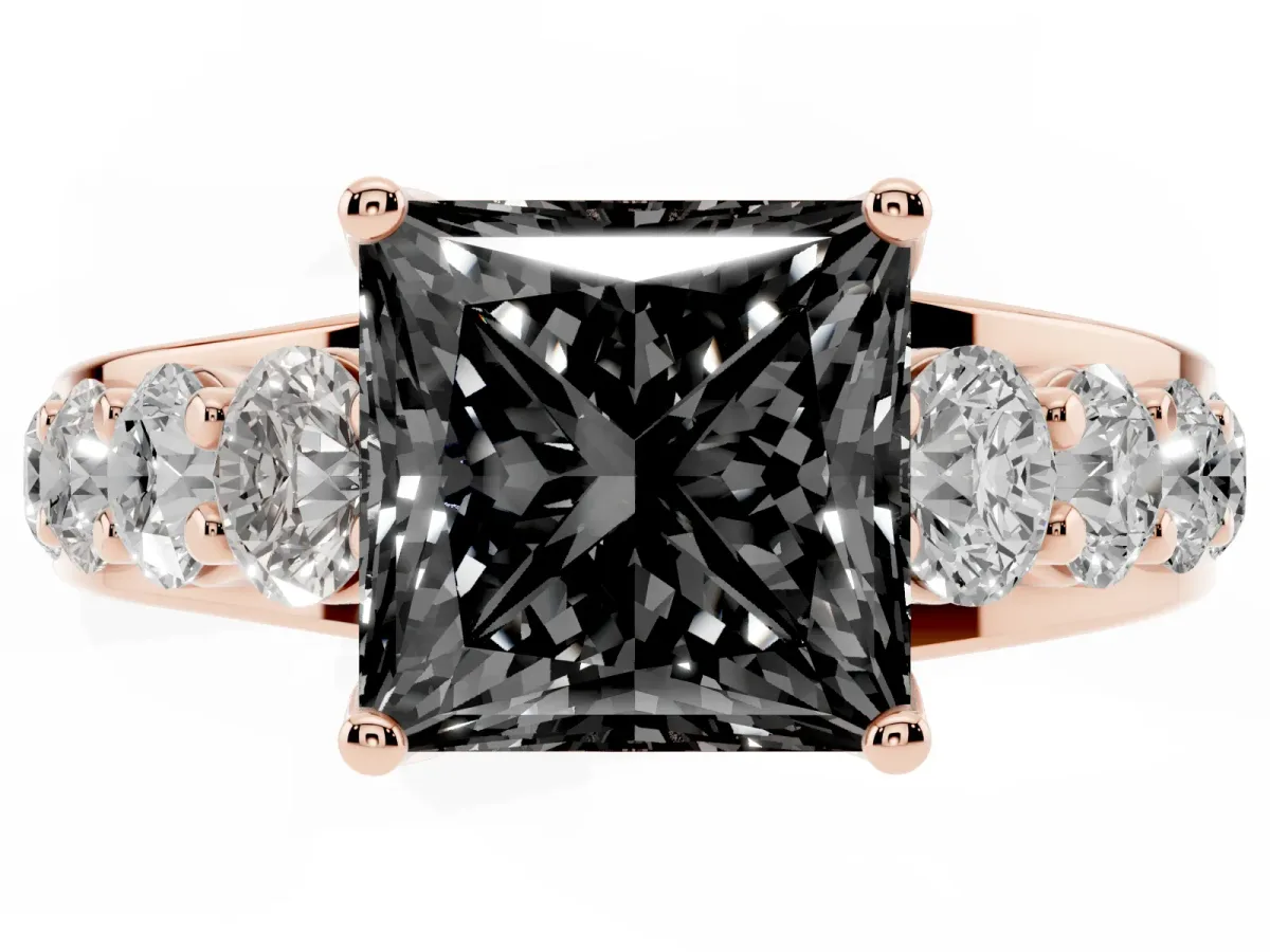 Fancy Black Princess Cut Diamond Engagement Ring with Pavé Band and Four-Prong Setting Rose gold