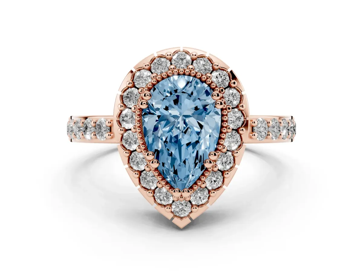 Fancy Blue Pear Cut Diamond Halo Ring with Pavé Band and Prong Setting Rose gold