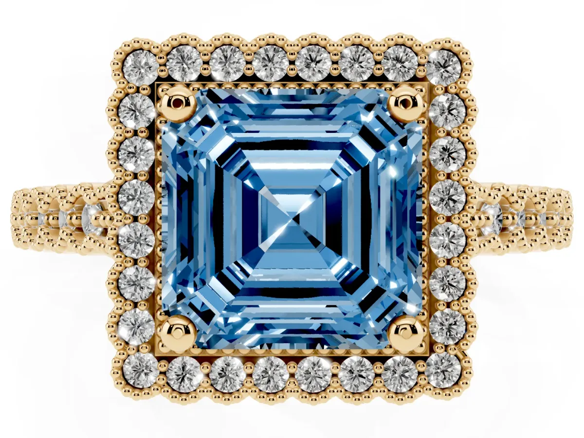 Fancy Blue Asscher Cut Cut Halo Pavé Solitaire Ring with Milgrain Band Yellow gold