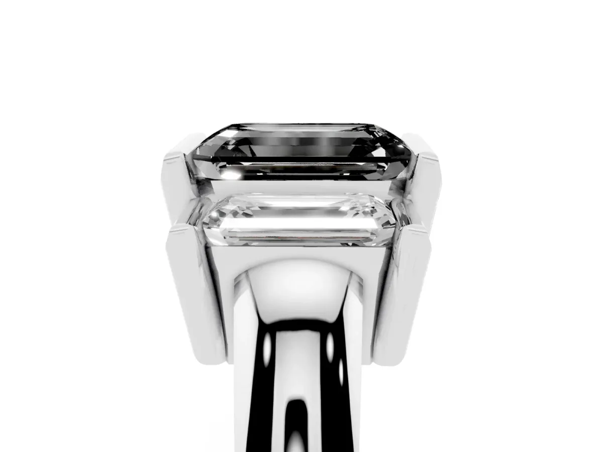 Fancy Black Three Stone Emerald Cut Cut Channel Set Diamond Ring Silver