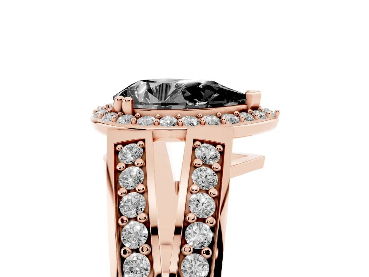 Fancy Black Pear Cut Diamond Halo Ring with Split Shank Pavé Band and Four-Prong Setting Rose gold