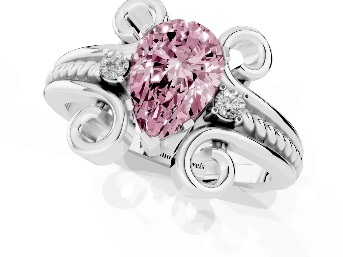 Fancy Pink Pear Cut Solitaire Twisted Band Scroll Prong Ring Silver