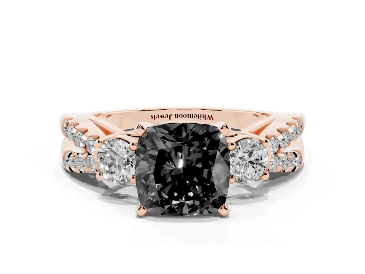 Fancy Black Cushion Cut Diamond Three-Stone Ring with Pavé Split Shank and Four-Prong Setting Rose gold