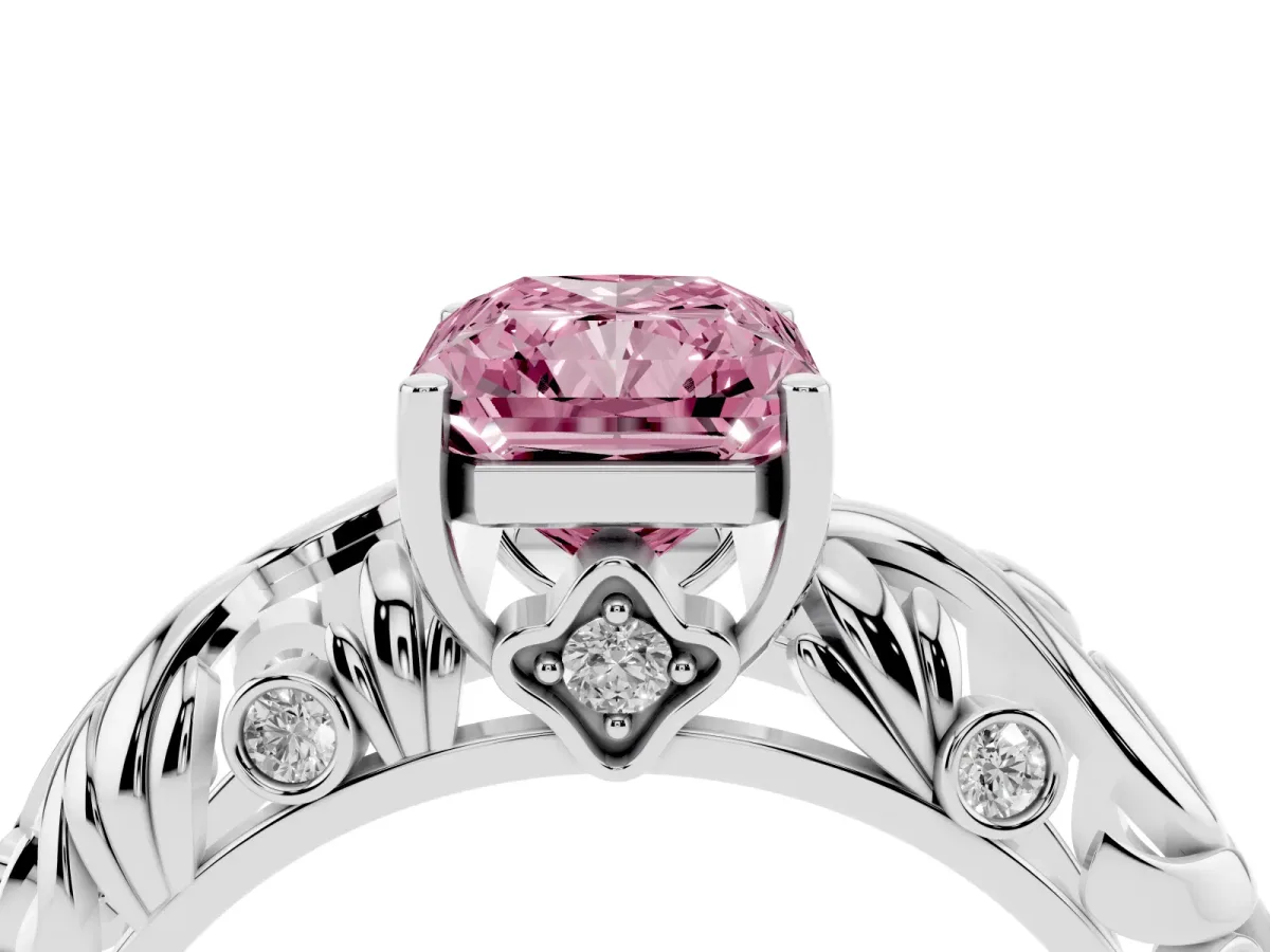 Fancy Pink Radiant Cut Solitaire Diamond Leaf-Inspired Vine Band Ring with Prong Setting Silver