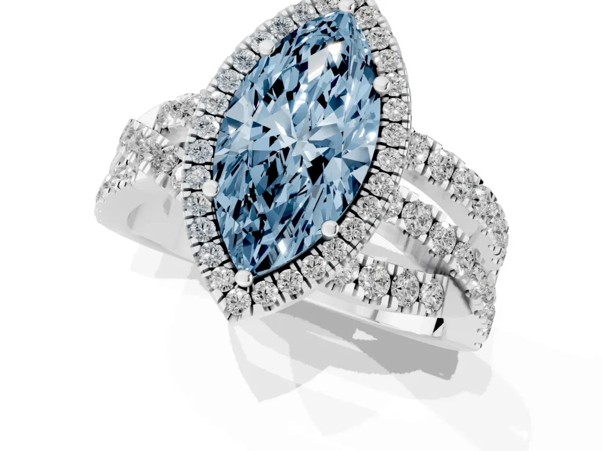 Fancy Blue Marquise Cut Diamond Halo Ring with Round Split Shank and Prong Setting Platinum