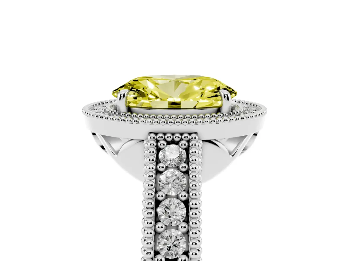 Fancy Yellow Oval Cut Cut Halo Diamond Ring with Pavé Band and Four-Prong Setting White gold