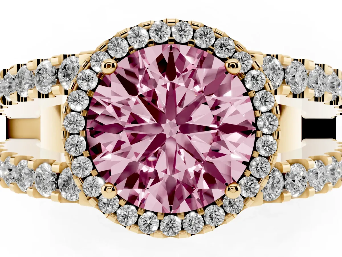 Fancy Pink Round Cut Cut Halo Split Shank Diamond Ring with Four-Prong Setting Yellow gold