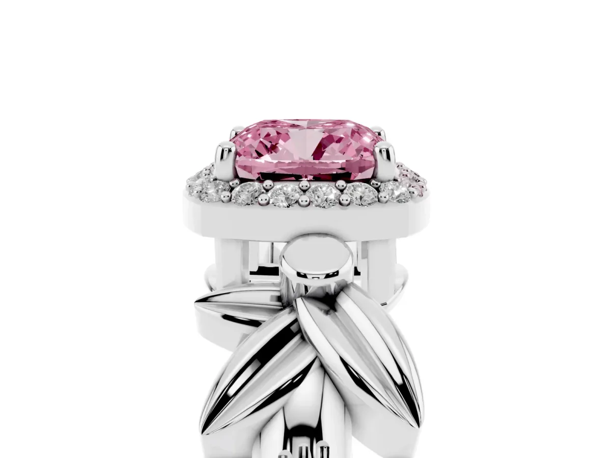 Fancy Pink Cushion Cut Halo Diamond Floral Band with Four-Prong Setting White gold