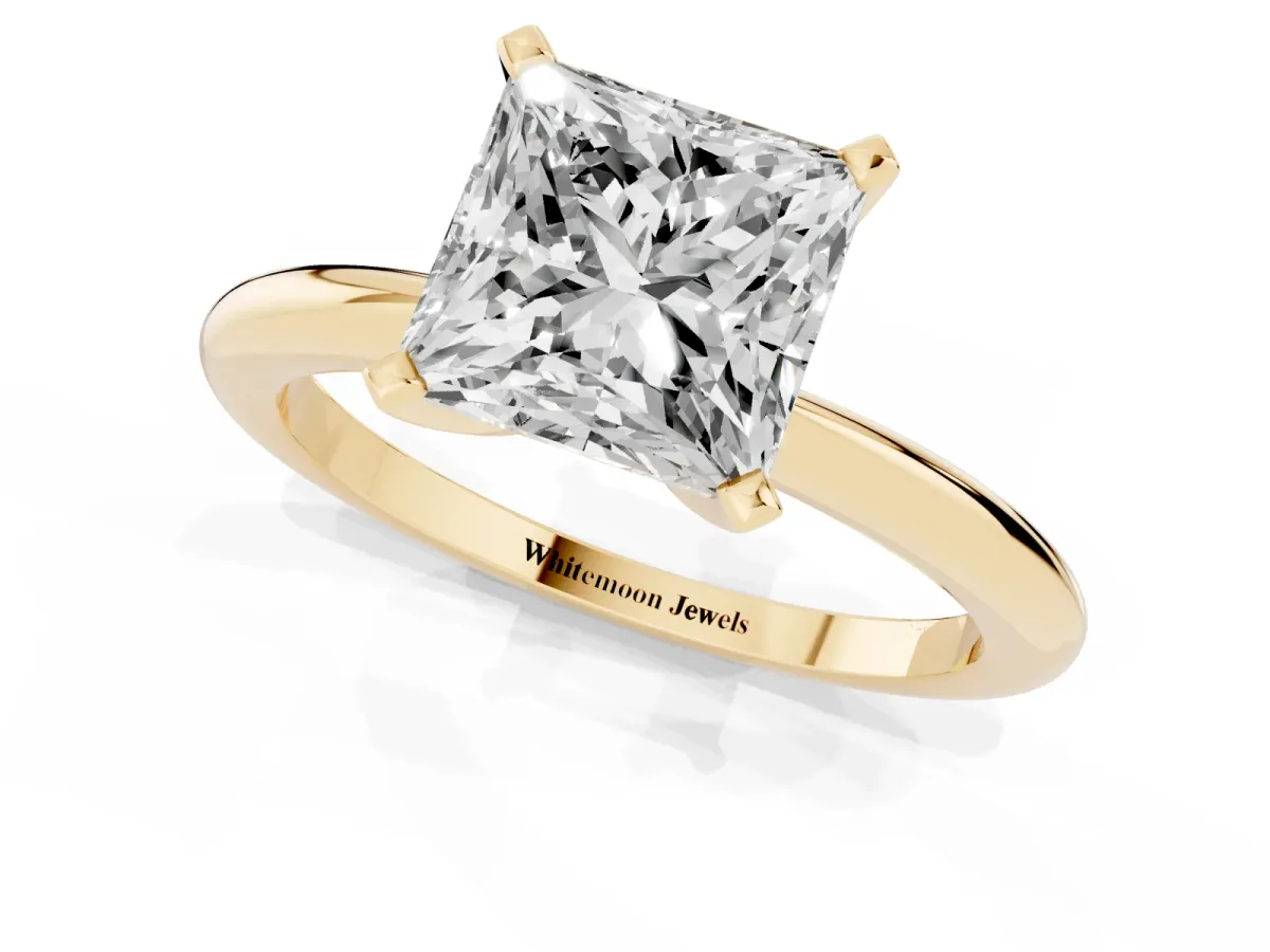 Princess Cut Diamond Solitaire Ring with Prong Setting and Classic Band Yellow gold