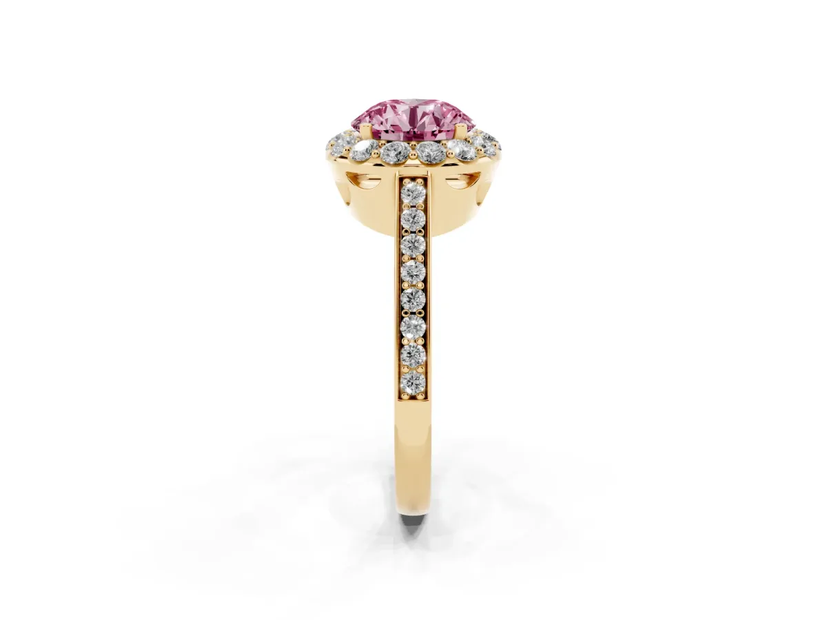 Fancy Pink Round Cut Diamond Floral Halo Ring with Pavé Band and Prong Setting Yellow gold