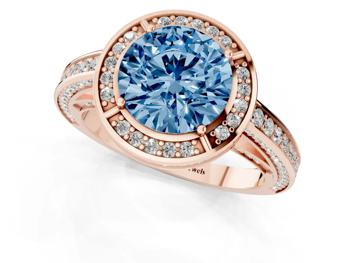 Fancy Blue Round Cut Cut Halo Pave Split Shank Prong Setting Ring Rose gold