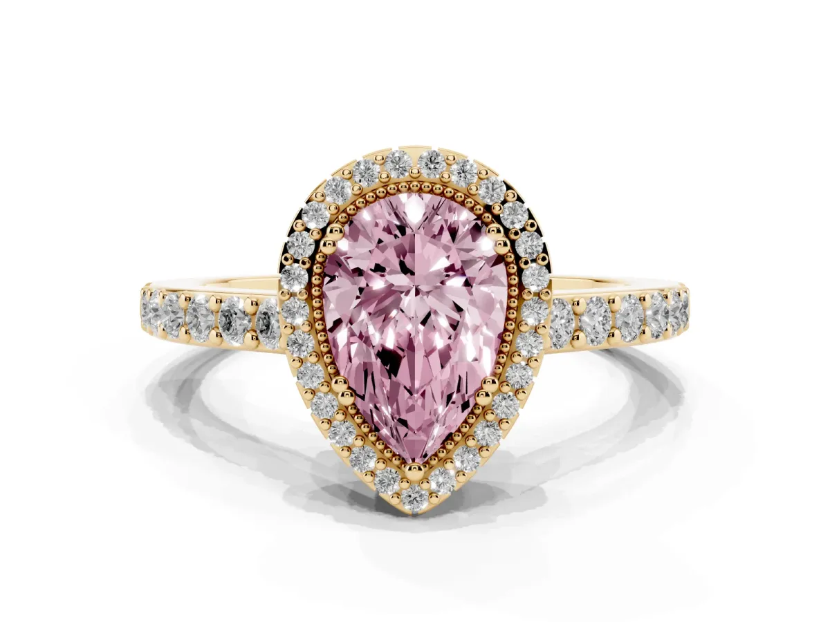 Fancy Pink Pear Cut Cut Diamond Halo Engagement Ring with Milgrain Detail and Pavé Band Yellow gold