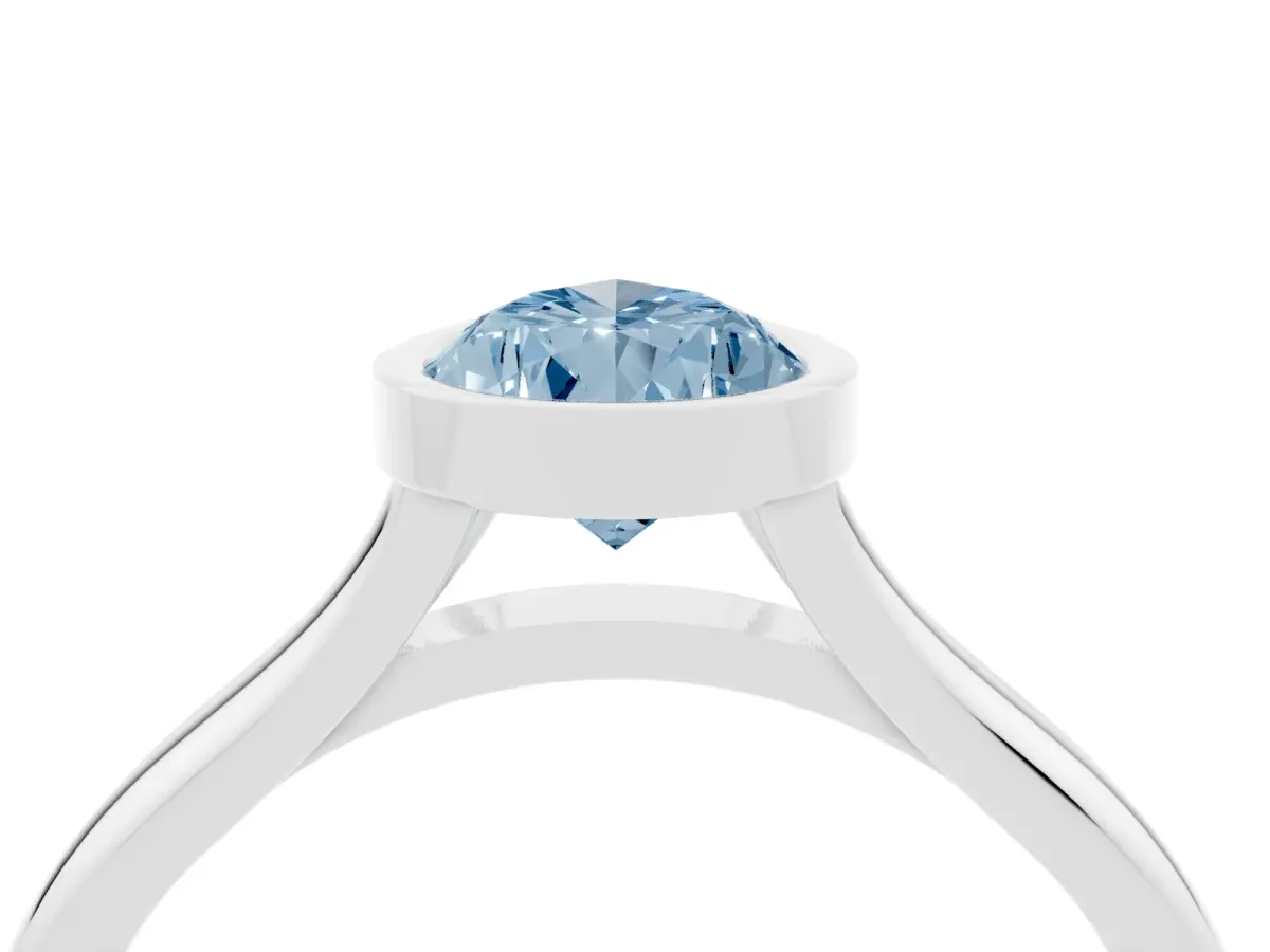 Fancy Blue Bezel Set Pear Cut Cut Solitaire Ring with Tapered Band Platinum