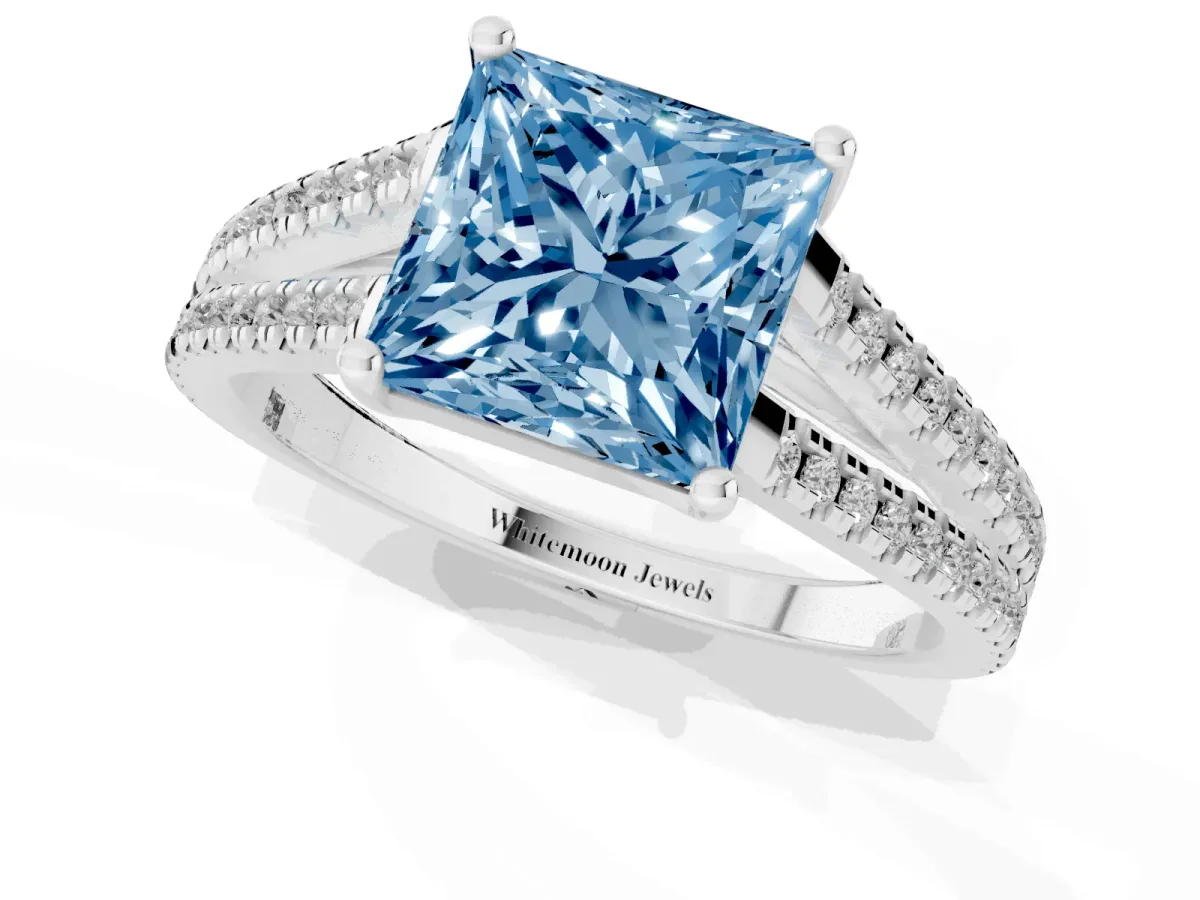 Fancy Blue Princess Cut Diamond Solitaire Engagement Ring with Split Shank Pavé Band Platinum