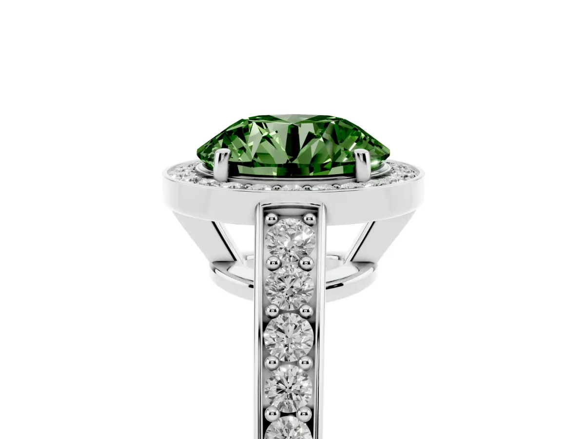 Fancy Green Round Cut Halo Pavé Diamond Engagement Ring with Bezel Setting Silver