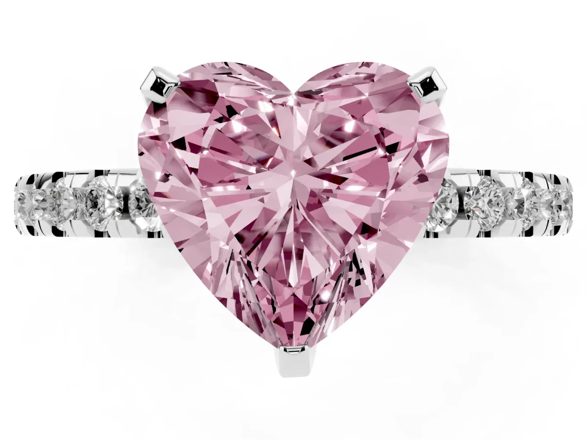 Fancy Pink Heart Cut Diamond Solitaire Ring with Round Pavé Band and Four-Prong Setting Platinum