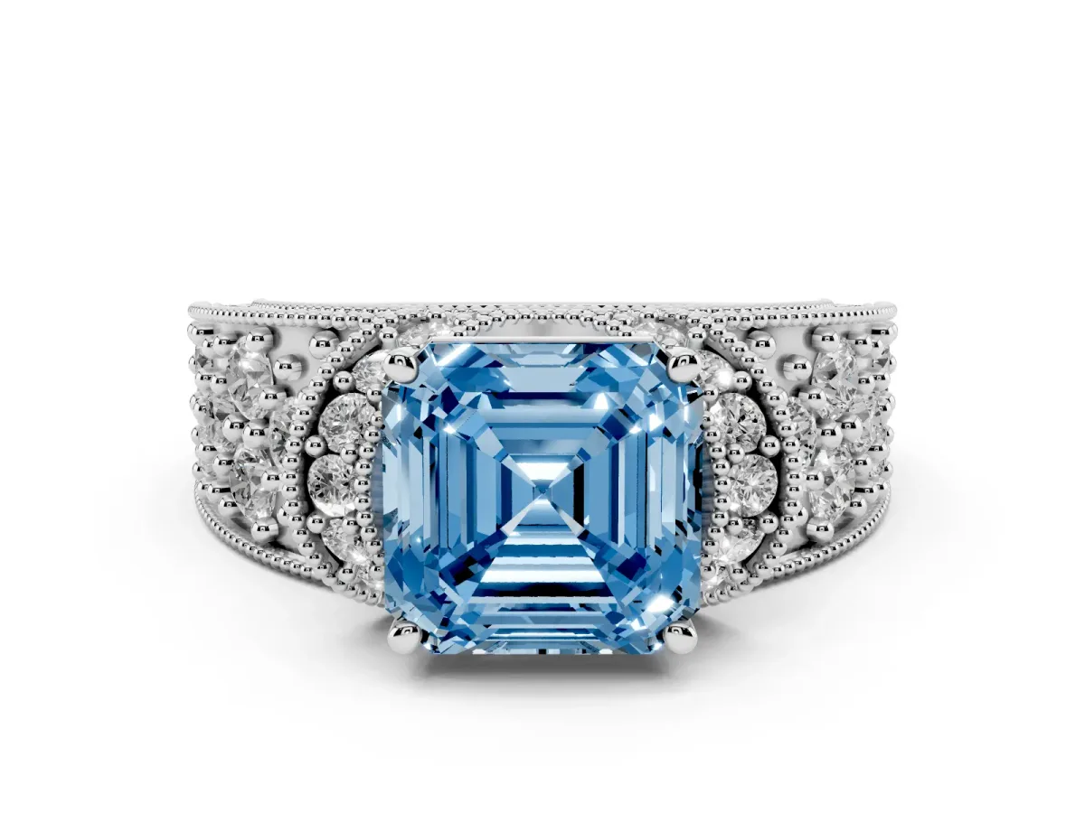 Fancy Blue Asscher Cut Halo Pave Diamond Engagement Ring with Milgrain Detailing Platinum