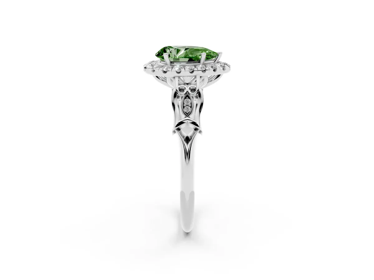 Fancy Green Pear Cut Halo Diamond Engagement Ring with Filigree Band and Four-Prong Setting White gold