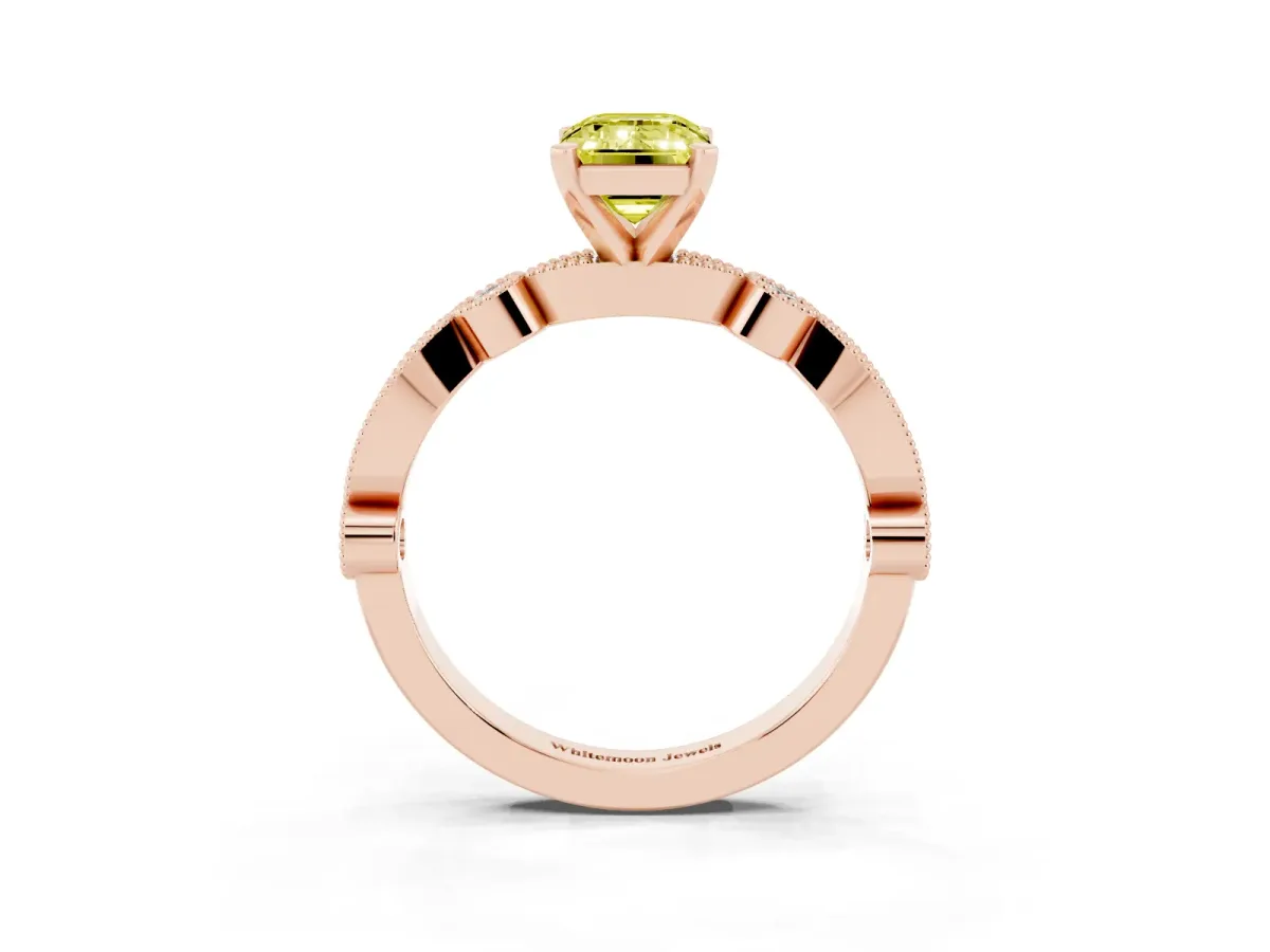 Fancy Yellow Emerald Cut Milgrain Bezel Diamond Engagement Ring with Solitaire Prong Setting Rose gold