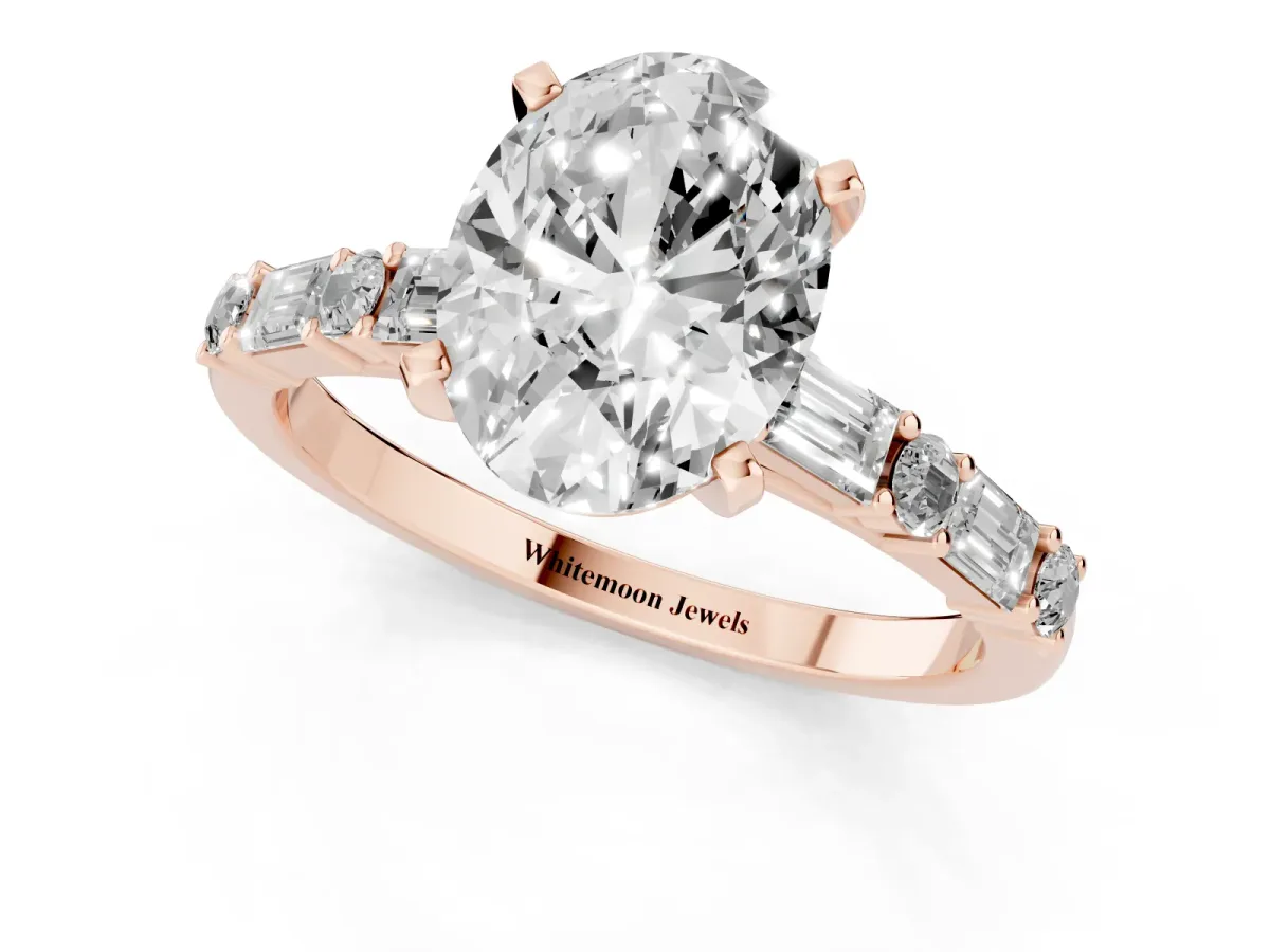 Oval Cut Diamond Solitaire with Side Baguettes and Channel Set Band Rose gold